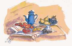 Fruits à la cafetière bleue